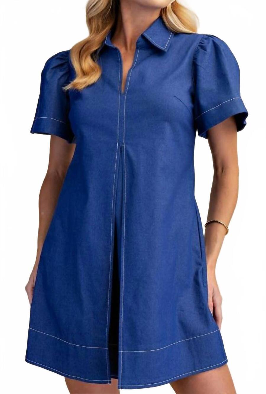 NEW GLAM collar v-neck pleated mini dress in indigo